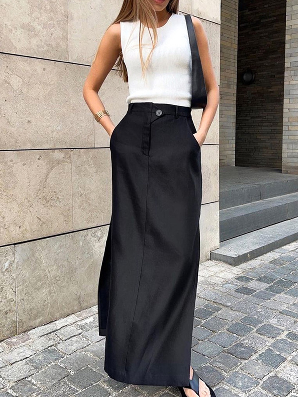 Commense Black High Rise Maxi Skirt Side Slit Minimalist Nwt Xl